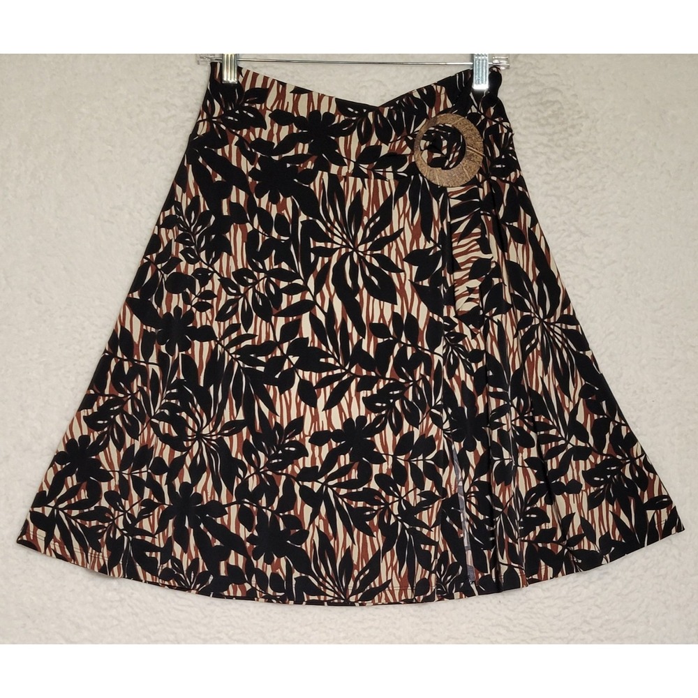 New York & Company Midi Skirt Size Small Floral Slit Black Brown Stretch 0793